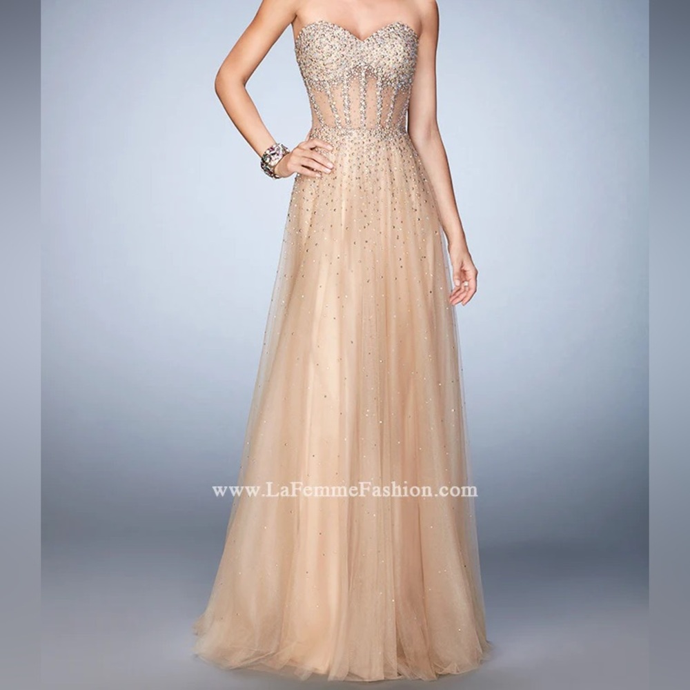 La Femme Corset Rhinestone Gown in Champagne Nude 22369 - Size 0
